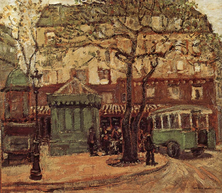 Greenish Bus in Street of Paris